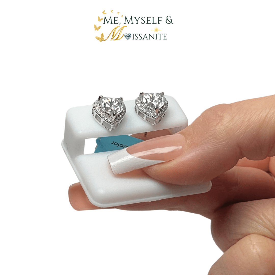 Moissanite Heart Halo Earrings 4.36 Carats - Rhodium Sterling Silver - Earrings - Me, Myself & MoissaNite Jewelry