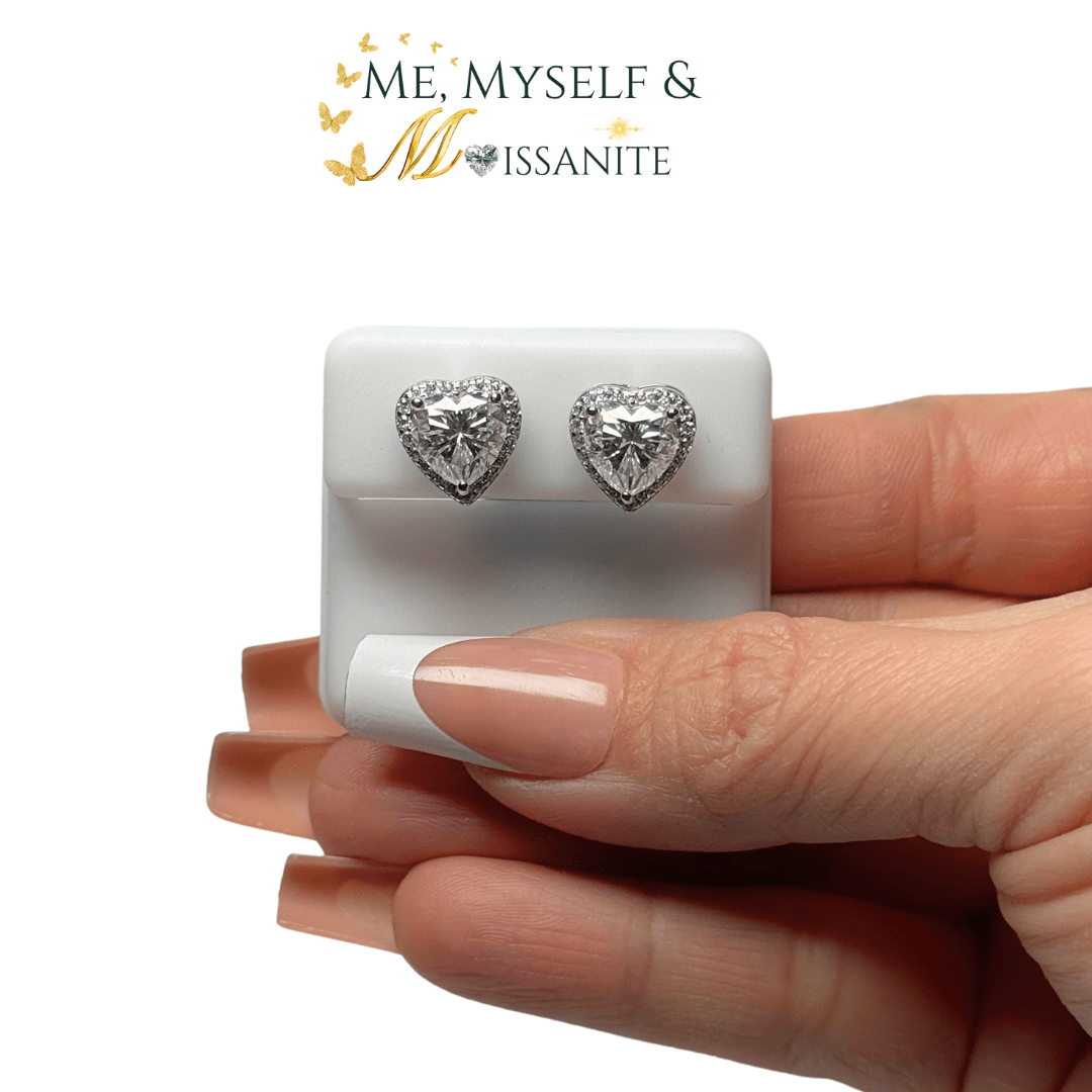 Moissanite Heart Halo Earrings 4.36 Carats - Rhodium Sterling Silver - Earrings - Me, Myself & MoissaNite Jewelry