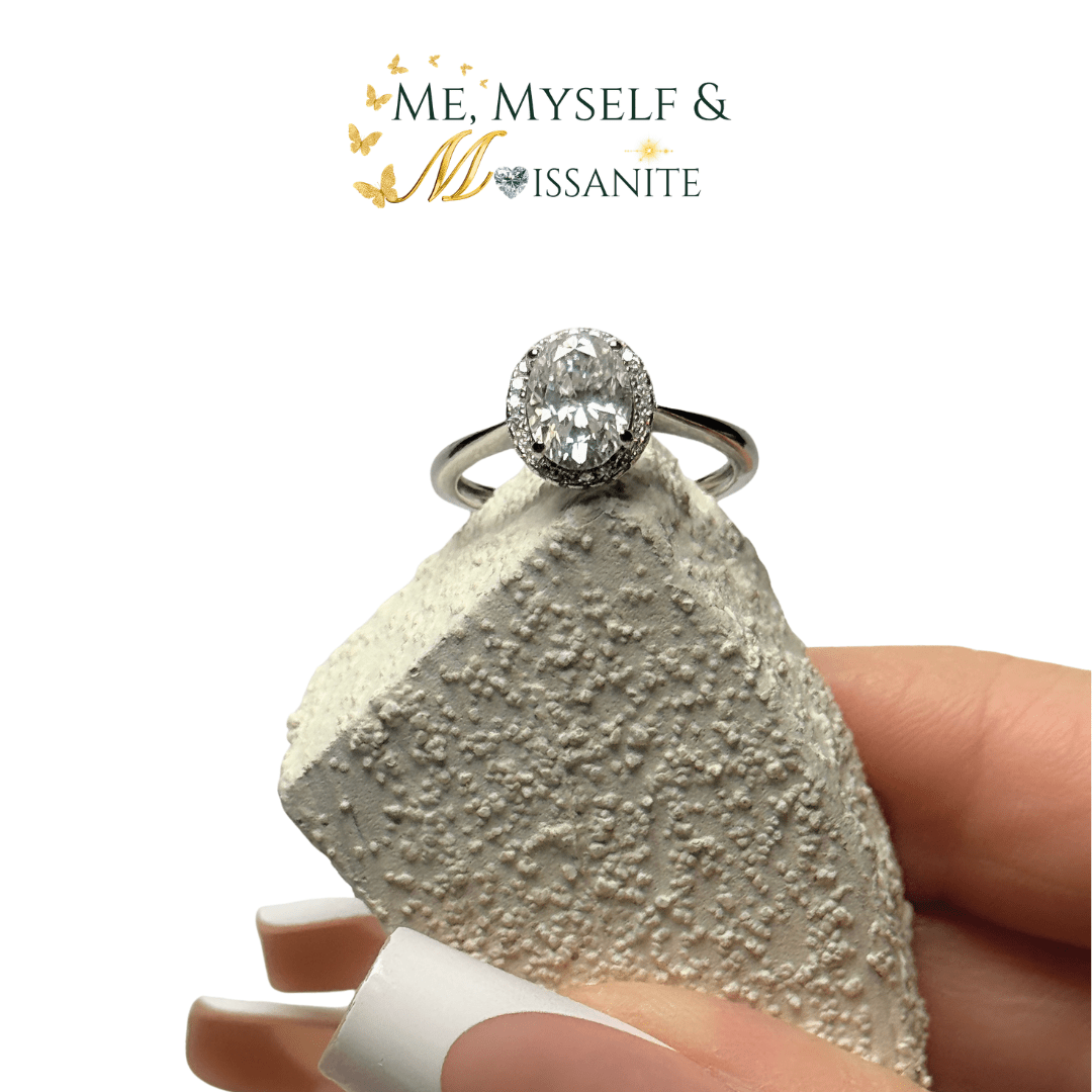 Moissanite Oval Solitaire Halo Ring size 6 - Sterling Silver 1.6 Carat - Rings - Me, Myself & MoissaNite Jewelry