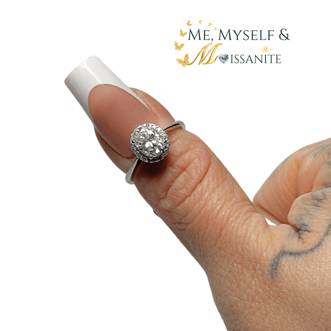 Moissanite Oval Solitaire Halo Ring size 6 - Sterling Silver 1.6 Carat - Rings - Me, Myself & MoissaNite Jewelry