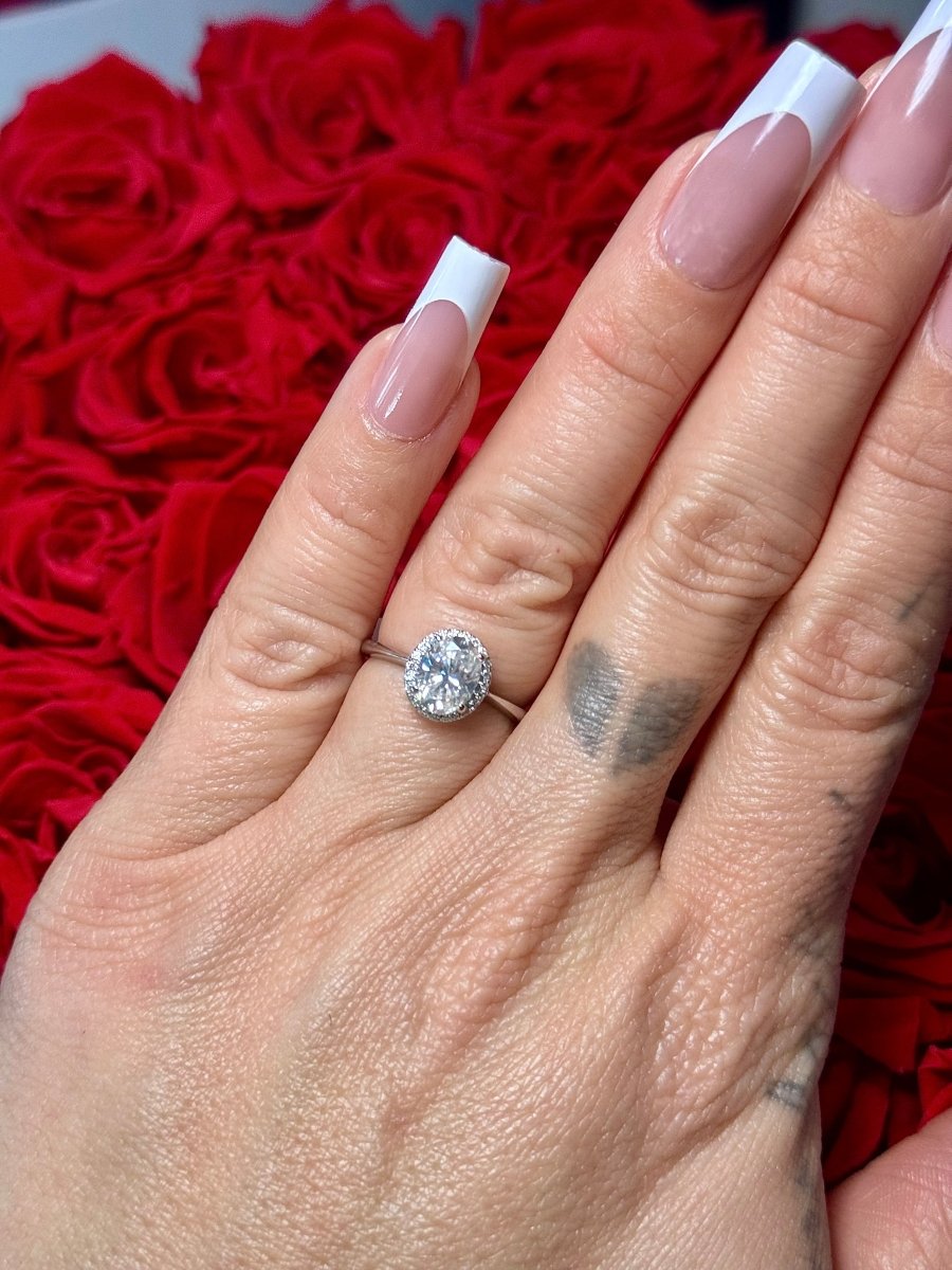 Moissanite Oval Solitaire Halo Ring size 6 - Sterling Silver 1.6 Carat - Rings - Me, Myself & MoissaNite Jewelry